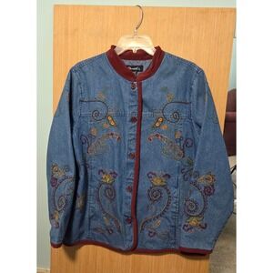 Denim & Co. Women's Large Denim Jacket Embroidered Button Front Red Trim Lined‎